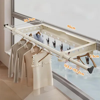 Zdjęcie produktu dla Suszarka ścienna do bielizny – wysuwana, z 7 spinaczami – składana – stal nierdzewna – 95 cm – biała