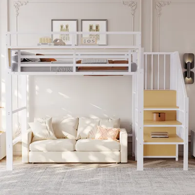 Produktbild von okwish Kinderbett 90x200,Hochbett mit Sicherheitsleiter und Staufach,Etagenbett mit Sicherheitszaun,ohne Matratze,Weiß