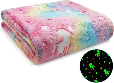 Productafbeelding van Kinderdeken 190x150 cm, Unicorn flanel fleece, glow in the dark, voor kinderen