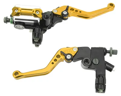 Image de Kit universel pour guidon de moto comprenant une paire de leviers de maître-cylindre de frein de 2,2 cm avec réservoir et protège-mains en fibre de carbone dorés
