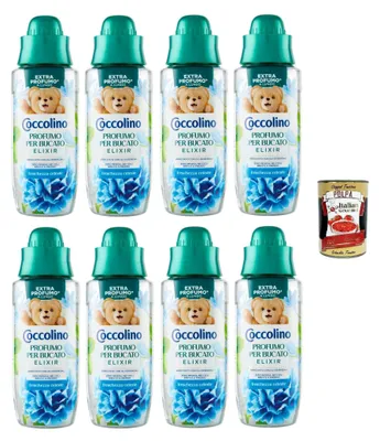 A product shot featuring multiple bottles of fabric softener and a can of tomatoes.