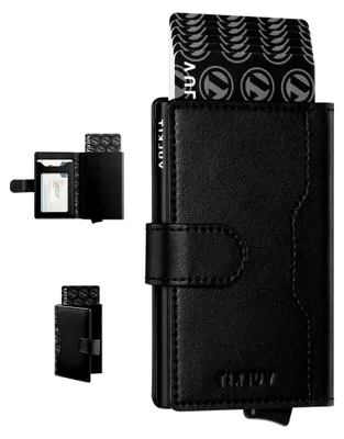 Produktbild von Kartenetui Herren RFID Blocker Kreditkartenetui Metall mit 3 Kreditkarte Fächern und 1 Ausweisfenster Klein Geldbörse Herren Leder mit Magnetverschluss, Schwarz