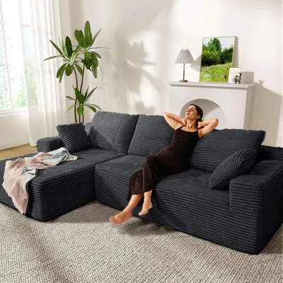 Produktbild von Ecksofa Couch L-Form,Sofa Links Cordstoff Vierersofa mit Liegefläche modulare Konfiguration, keine Montage erforderlich