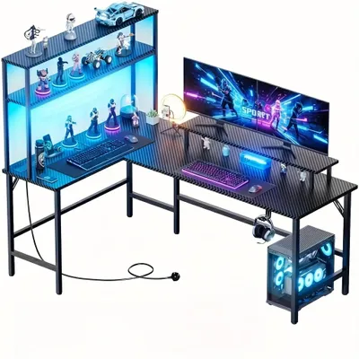 Obrázek produktu pro Ergonomický psací stůl - L-tvarý psací stůl - Rohový psací stůl - Herní stůl - Počítačový stůl - LED osvětlení
