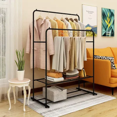 Freistehende Garderobe, doppelte Kleiderstange, Metall, schwarz, 110x50x153 cm