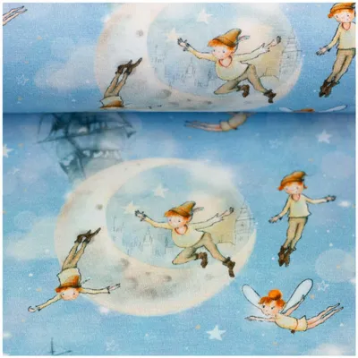 Detailaufnahme des hellblauen Peter Pan Jersey Stoffes von Swafing, weiche Stoffstruktur mit hochwertigem Digitaldruck.