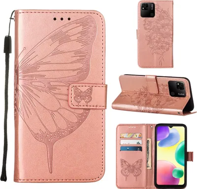 Produktbild von Redmi 10A Hülle, Schmetterling Prägung Flip Leder Kartenfächer Schutzhülle Ledertasche mit Ständer für Xiaomi Redmi 10A Roségold
