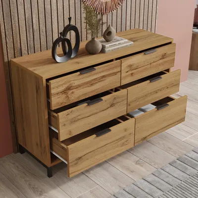 Produktbild von MODFU Kommode mit 6 Schubladen,120 × 40 × 76 cm,Sideboard in dunkler Eichenoptik,Aufbewahrungsschrank mit verstellbaren Füßen und Metallrahmen