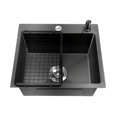 A top-down view of a black-gray stainless steel kitchen sink with a black wire rack inside.