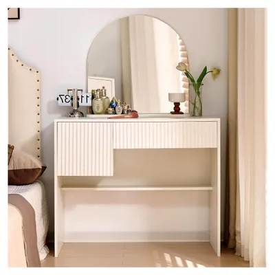 Produktbild von Weißer Schminktisch mit Spiegel, 2 geräumigen Schubladen und offenen Regalen, Maße H135/B90/T40 cm für Mädchenzimmer und kleine Räume