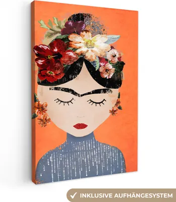 Produktbild von OneMillionCanvasses® - Leinwandbilder - 90x140 cm, Porträt - Frida Kahlo - Orange - Frau - Blumen, Wandbilder Kunstdruck Wanddekoration - Foto auf Leinwand - Gemälde auf Holzrahmen - Wandschmucke - Schlafzimmer