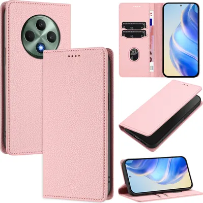 Image de Etui en cuir pour Oppo Reno12F 5G/Reno12F 4G, cuir Litschi, étui portefeuille avec fentes pour cartes et support Rose