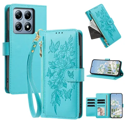Produktbild von Handyhülle für Xiaomi 14T, Wallet Case Kunstleder mit Kartenfächern, Reißverschluss und Handschlaufe Blau