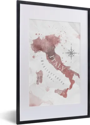 Produktbild von MuchoWow® MuchoWow® Gerahmtes Poster Karte - Italien - Aquarell - Rosa 40x60 cm - Poster mit zchwarzem Bilderrahmen - Poster in Rahmen