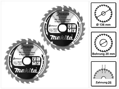 Productafbeelding van Makita CCM13625E SPECIALIZED EFFICUT zaagblad 2 stuks (2x E-12120) 136 x 1,4 x 20 mm 25 tanden voor hout