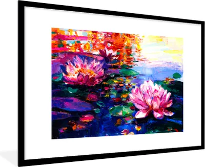 Produktbild von MuchoWow® Gerahmtes Poster Gemälde - Öl - Seerose - Wasser 90x60 cm - Poster mit Schwarzem Bilderrahmen Wandposter Rahmen Foto Bilder - Wanddekoration - Fotos
