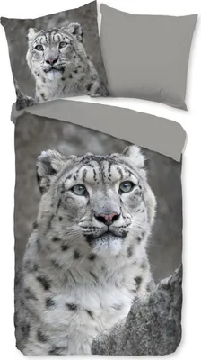 A duvet cover and pillowcase set featuring a snow leopard print.