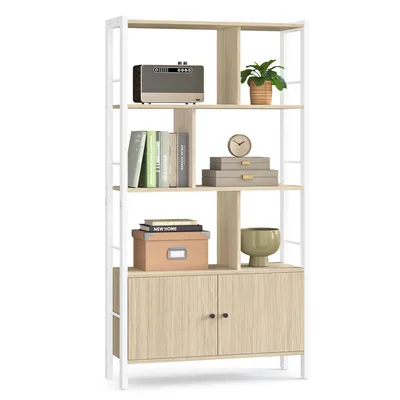 A multi-shelf storage unit with doors at the bottom, displaying various decorative items and books.