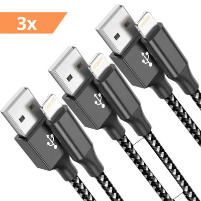 Produktbild von 3x Nylon USB A Schnellladekabel / Datenkabel 2m passend für Apple iPhone 11 / 12 / 13 / 14 / Plus / Mini / Pro / Max