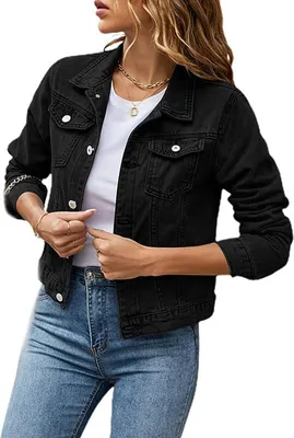 Produktbild von ASKSA Damen Jeansjacke Leichte Kurze Jacke Denim Jean Outwear Casual Lange Mantel, Armeegruen, L