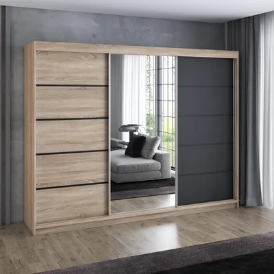 Produktbild von Schwebetürenschrank 200 cm, 3-türig, mit Spiegel & 4 Schubladen, Retro-Stil, Kleiderschrank VILUNO 2  in Sonoma / Sonoma / Schwarz