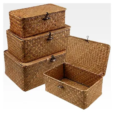 Produktbild von Rattan-Korb mit Deckel, 3 Stück Aufbewahrungskörbe aus natürlichem Seegras, multifunktionale Aufbewahrungskörbe, geflochtene Regalkörbe