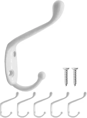 Produktbild von Unyqoos® Set 5 weiße Wandhaken – Vintage Landhaus Kleider- & Handtuchhaken für Garderobe, Bad & Flur, ca. 7,5×5,3 cm, inkl. 10 silberne Schrauben