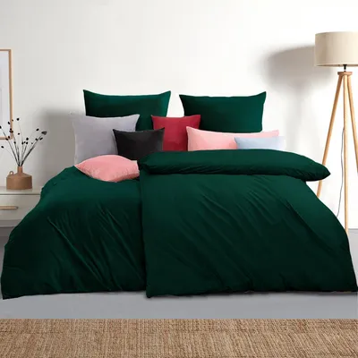 Produktbild von Bettwäsche-Set 4-teilig 155x220 cm Dunkelgrün Mikrofaser Bügelfrei mit Reißverschluss