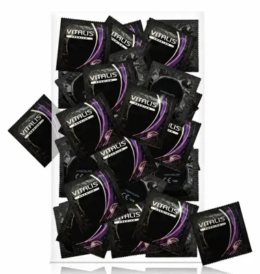 Produktbild von VITALIS Kondome Pack mit Schokoladen Aroma | Nennbreite 53 mm | Gefühlsechte farbige | Premium aromatisiert | Hauchzarte für Männer | 100 Stück, KI-generiertes Bild
