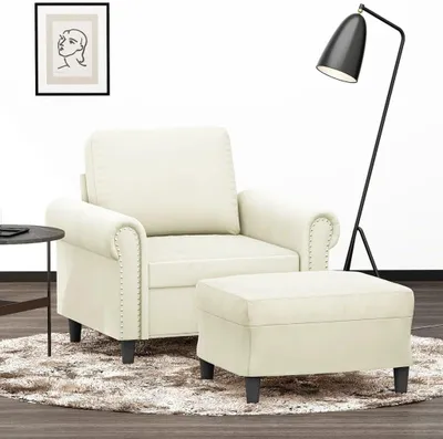 Produktbild von Cremefarbener Sessel mit Hocker, 60 cm, aus Samt