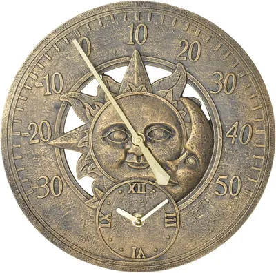 Produktbild von Elzusha – Vintage-Bronzethermometer für den Garten mit Sonnen- und Monddesign, 30 cm