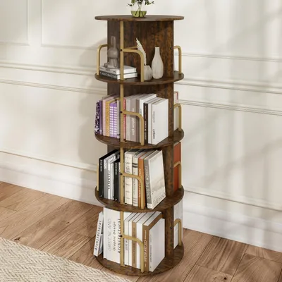 Image de Étagère tournante pour livres, en bois, couleur marron, 4 étagères, dimensions : 47,5 x 47,5 x 125,5 cm
