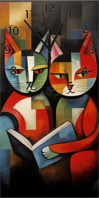Produktbild von Wallario Design Wanduhr bedruckt, Größe 30 x 60 cm, Motiv: Lesende Katzen