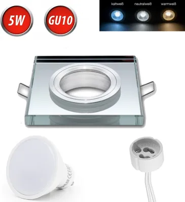 Produktbild von Einbaustrahler GU10 Einbaurahmen Glas Einbauleuchte Ø75mm Bohrloch inkl. GU10 5W Warmweiß LED Leuchtmittel Silber Eckig