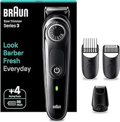 Produktbild von Braun Barttrimmer Series 3, Elektrischer Bartschneider Herren mit 4 Zubehörteile, Ultrascharfe ProBlade Klinge, 80 Min Akkulaufzeit, Kabelloser Bartrasierer, 40 Längen, Wasserdicht, BT3440, Schwarz