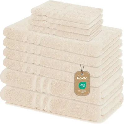 Produktbild von Lavea® Elena 10-teiliges Handtuch Set - 100% Baumwolle, 4x Handtuch + 2x Duschtuch + 2x Gästetuch + 2x Waschhandschuh, Bad & Gäste, Creme