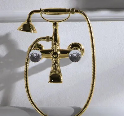 Produktbild von Casa Padrino Luxus Jugendstil Badarmatur mit Schlauch und Handbrause Gold  - Badewannen Armatur mit Swarovski Kristallglas - Nostalgisches Bad Zubehör - Wannenbatterie