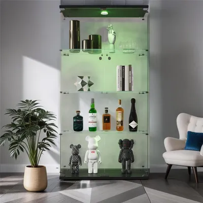 Zdjęcie produktu dla Szafka witryna szklana z oświetleniem LED, 164 cm, czarna, 2 drzwi, 4 półki