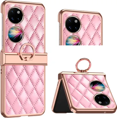 Produktbild von Luxus Leder Muster Galvanik Handyhülle für Huawei P50 Pocket mit Ringhalterung und Scharnierschutz Pink