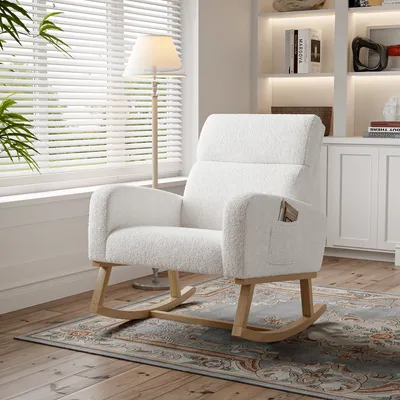 Image de ProximaX Mid-Century Fauteuil à bascule rembourré moderne à dossier haut pour le salon, cadre en bois massif, tissus de qualité (blanc )
