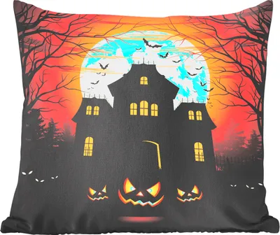 Produktbild von MuchoWow® Zierkissen Sofakissen Wohnzimmer Dekokissen 50x50 cm Ein gespenstisches und einsames Haus während Halloween in einer Illustration - Komfort - Sofakissen
