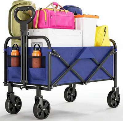 Produktbild von XL faltbarer Handwagen 220 L - Blau | Transportwagen mit 172 kg Tragkraft - 360° drehbaren Rädern | Teleskopgriff für Camping, Garten und Einkauf