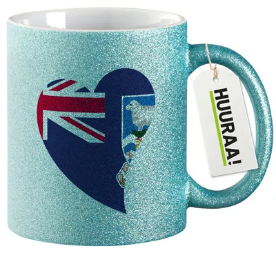 Produktbild von Huuraa Glitzertasse FalklanSteckanschlussln Flagge Herz 330ml Blau Keramik Kaffeebecher Geschenkidee