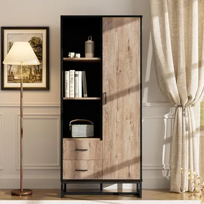 Image de Buffet haut moderne Sweiko 80 x 40 x 180 cm – aspect bois avec cadre noir, avec une porte, 2 tiroirs et 3 compartiments ouverts – Espace de rangement polyvalent pour le salon, le bureau et l'entrée