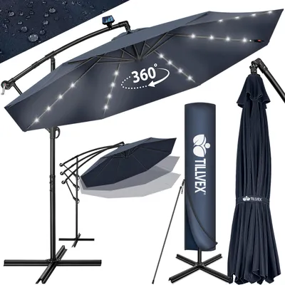 Produktbild von tillvex Alu Ampelschirm Blau LED Solar Ø 300 cm mit Kurbel | Sonnenschirm mit An-/Ausschalter | Gartenschirm UV-Schutz Aluminium | Kurbelschirm mit Ständer Marktschirm wasserdicht, KI-generiertes Bild