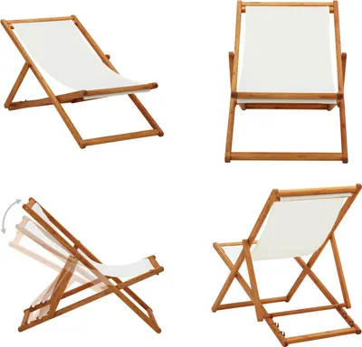 Image de vidaXL Chaise de plage pliante en bois d'eucalyptus et tissu blanc crème - Chaise de plage - Chaises de plage - Chaise de camping - Chaises de camping
