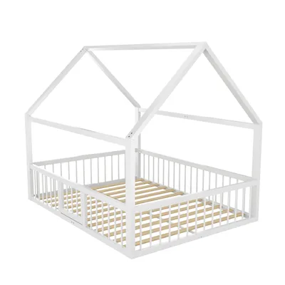 Produktbild von Flieks Kinderbett Hausbett Metallbett 140x200cm mit Tür, Bodenbett mit Lattenrost, Metallbett Einzelbett mit Rausfallschutz, Weiß
