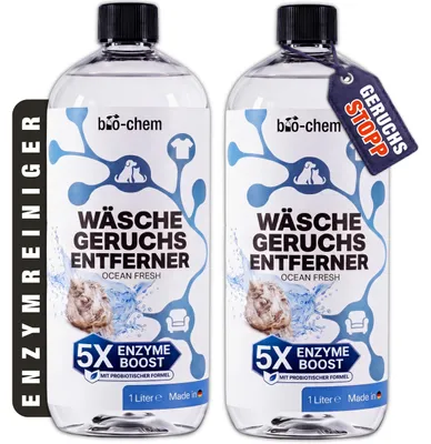 Produktbild von bio-chem Geruchsentferner Wäsche 2x 1 L – Enzymreiniger Waschmaschine, Waschzusatz gegen Schweiß, Katzenurin, Hundeurin & Moder [OCEAN FRESH]