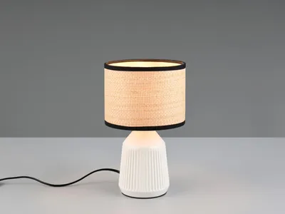 Produktbild von LED Tischlampe dimmbar, Keramikfuß Weiß, Papierschirm geflochten, Höhe 26,5cm