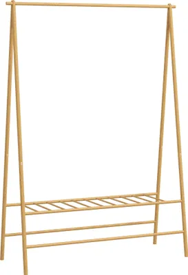 Immagine prodotto di Fortuna Lai Appendiabiti in bambù, appendiabiti con ripiani e ganci, stendibiancheria con asta appendiabiti, per corridoio, soggiorno, camera da letto, 116 x 43,5 x 160 cm, legno naturale